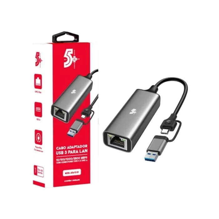 Adaptador Usb C/A Para Rj45 Gigabit Preto 5 Mais Adaptador Usb C/A Para Rj45 Gigabit Preto 5 Mais