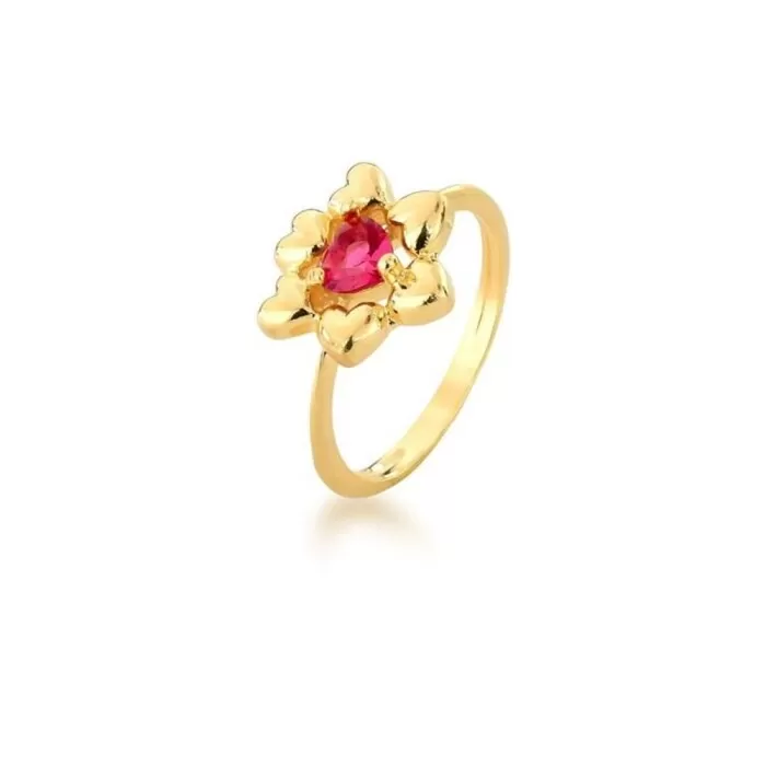 Anel Banhado Dourado Pedra De Coração Rosa Tamanho 14