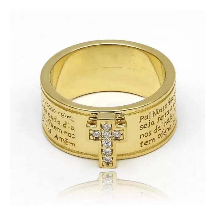 Anel Básico Zirconia Dourada Cruz Pai Nosso Tamanho 14 Novo