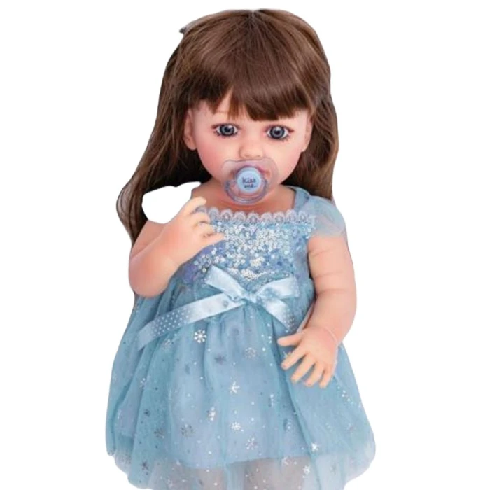 Boneca Realista Infantil 50cm Que Chora Vestido Azul/Laço