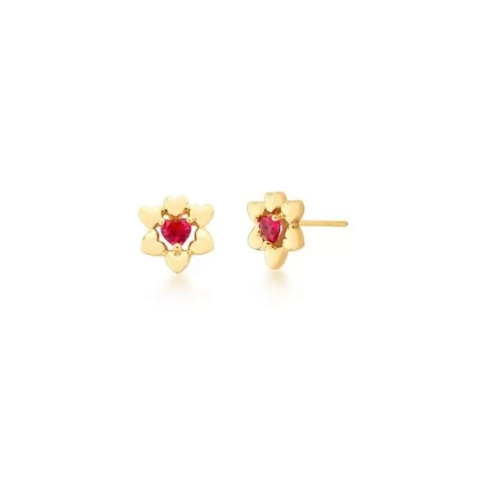 Brinco Banhado Dourado Pedra Rosa Coração / Flor Novo