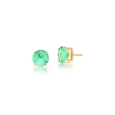 Brinco Banhado Dourado Pedra Verde Claro Redondo Novo