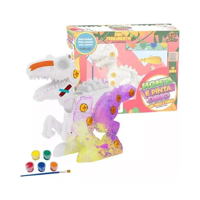 Brinquedo Dino De Colorir Monta E Pinta Com Guache + Pincel Brinquedo Dino De Colorir Monta E Pinta Com Guache + Pincel