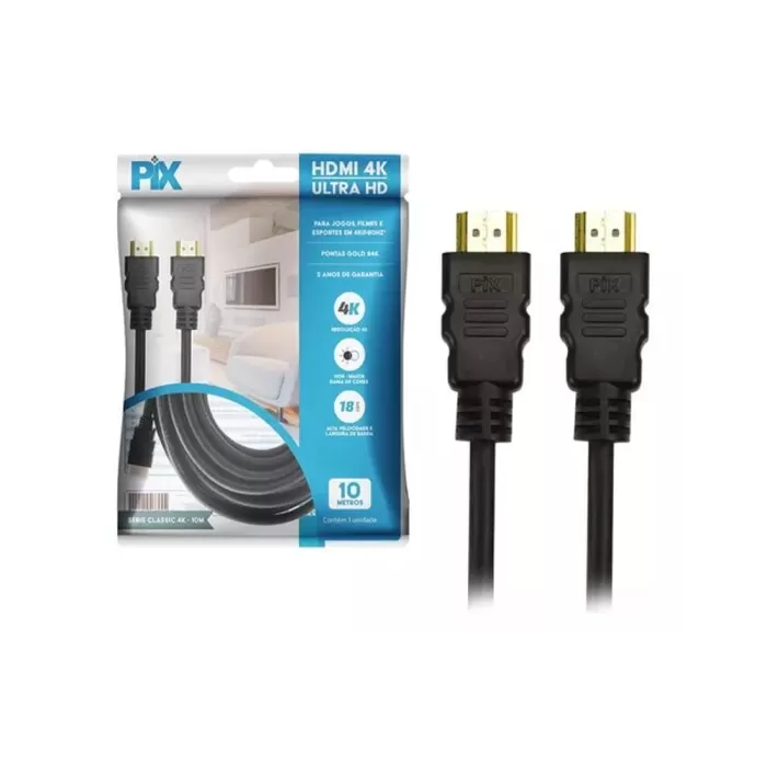 Cabo HDMI 4K Ultra HD 2.0 Pontas Gold 10 Metros HDR PIX Cabo HDMI 4K Ultra HD 2.0 Pontas Gold 10 Metros HDR PIX