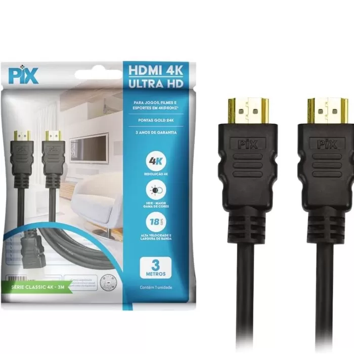 Cabo Hdmi Gold 2,0 4K 90 Graus 3M 018-3323 Pix Novo