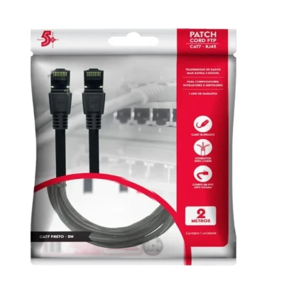 Cabo Patch Cord Cat7 Ftp 2M Preto Marca 5+ 600MHz Conector RJ45