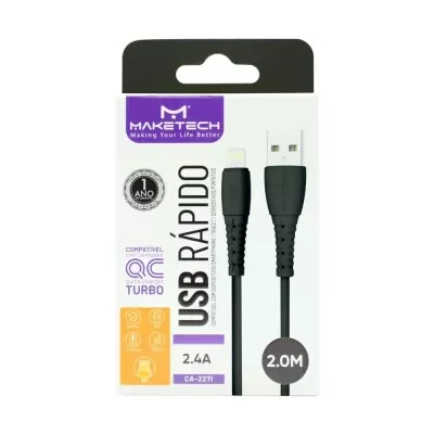 Cabo USB Lightning 2M Preto Maketech - Compatível com Celular