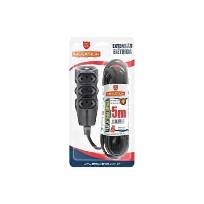Extensão 3 Tomadas Tripolar Preta Megatron 5M 220V Novo