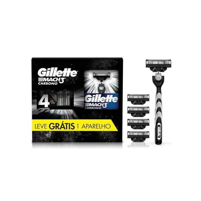 Kit Gillette Mach 3 Carbono + 4 Refil Original Para Barba Suave