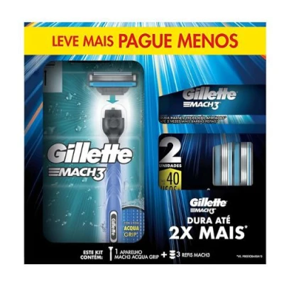 Kit Gillette Mach 3 Com 2 Refil Extra Para Barbear Masculino