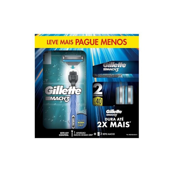 Kit Gillette Mach 3 Com 2 Refil Extra Para Barbear Masculino