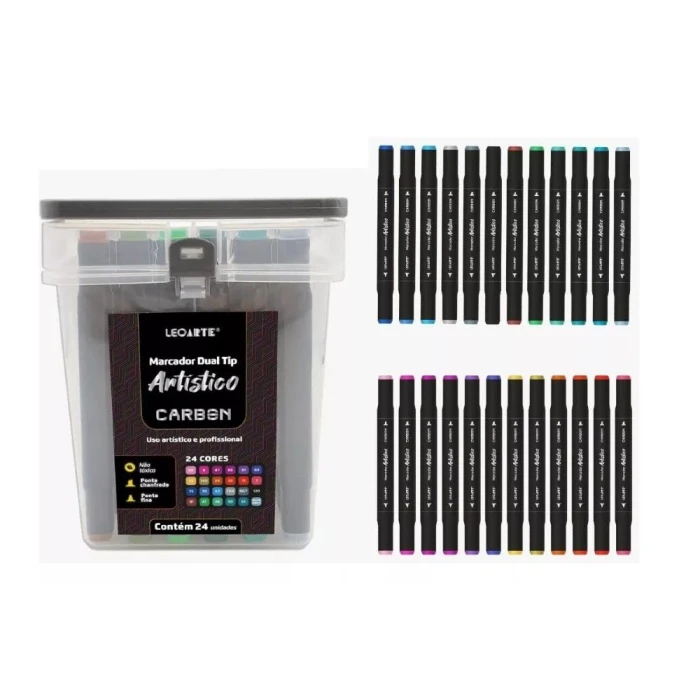 Marcador Artístico Dual Tip Carbon 24 Cores Leoarte Estojo
