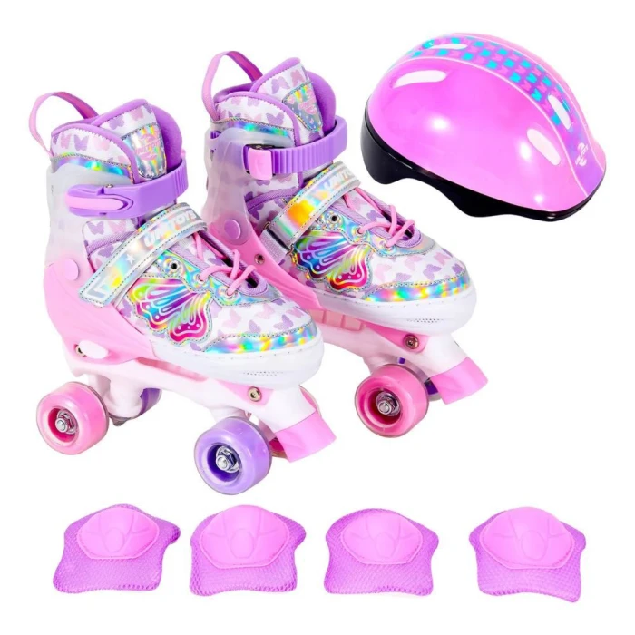Patins Quadrado Kit Borboleta Rosa Ajustável 34-37 Unitoys