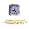 Relógio De Mesa Despertador Quartz Branco/Dourado 11x11cm Relógio De Mesa Despertador Quartz Branco/Dourado 11x11cm